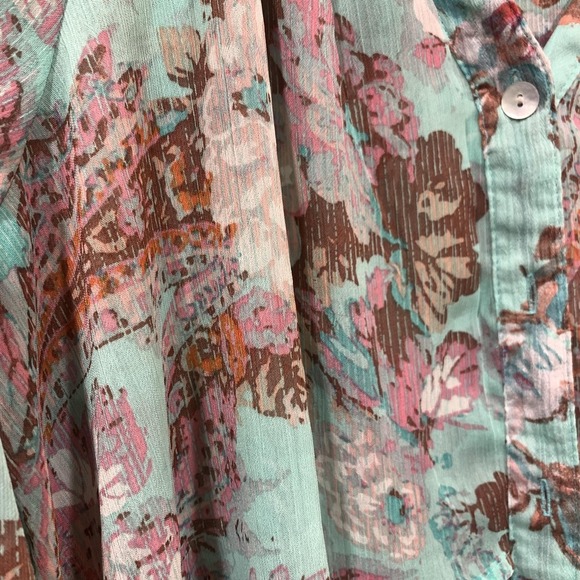 Figueroa & Flower Blouse Womens XL Teal Floral Sheer Button Front Paisley - Picture 4 of 11
